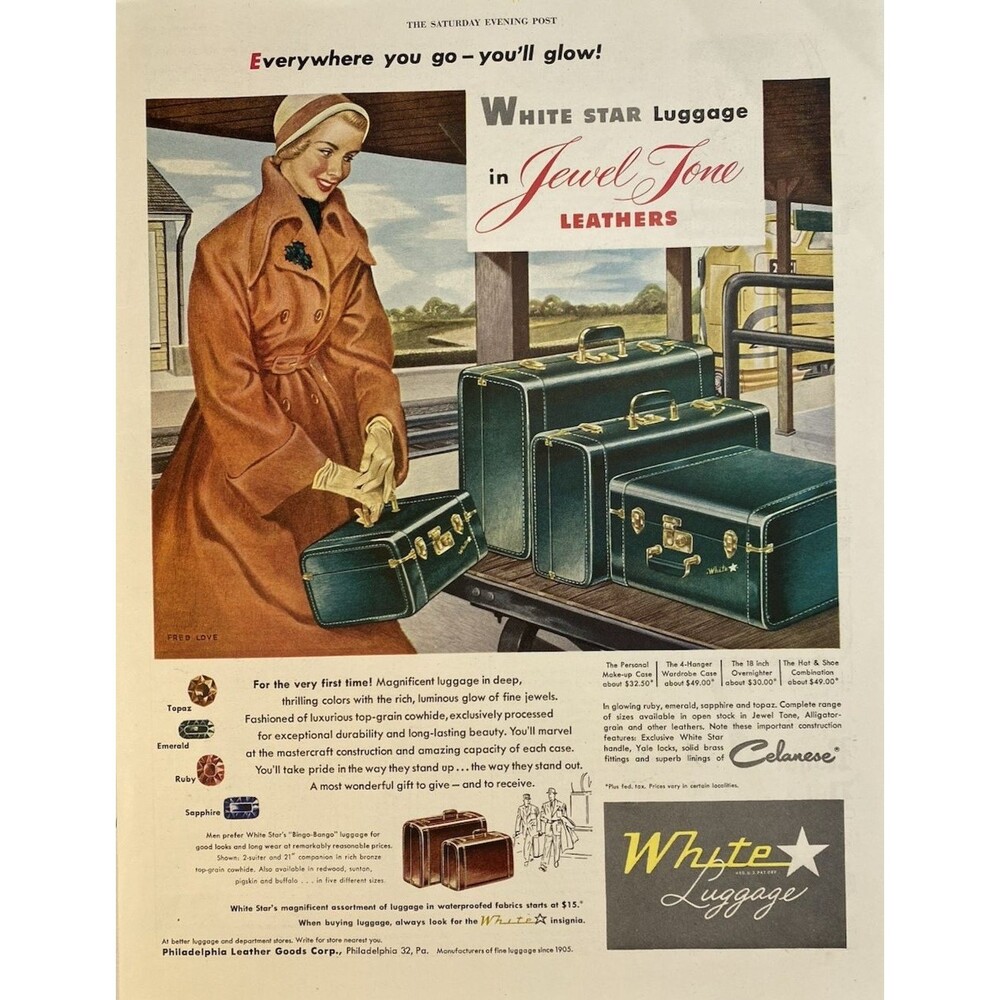 White Star Luggage "In Jewel Tone Leather" Everywhere You Go You'll Glow Ad 1949